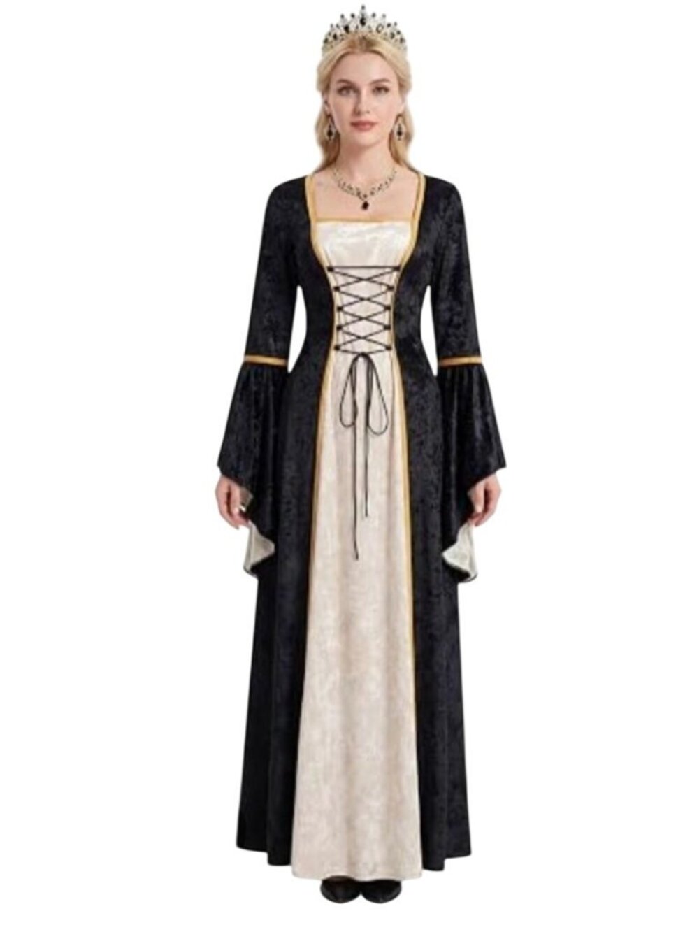 Medieval Renaissance M Dress Bell Sleeves Gold Trim Velvet Lace-Up Black & Gold